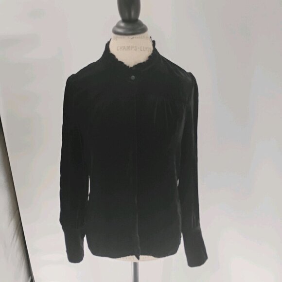 go silk velvet long sleeve black black button down ruffle collar washable silk - Picture 3 of 14